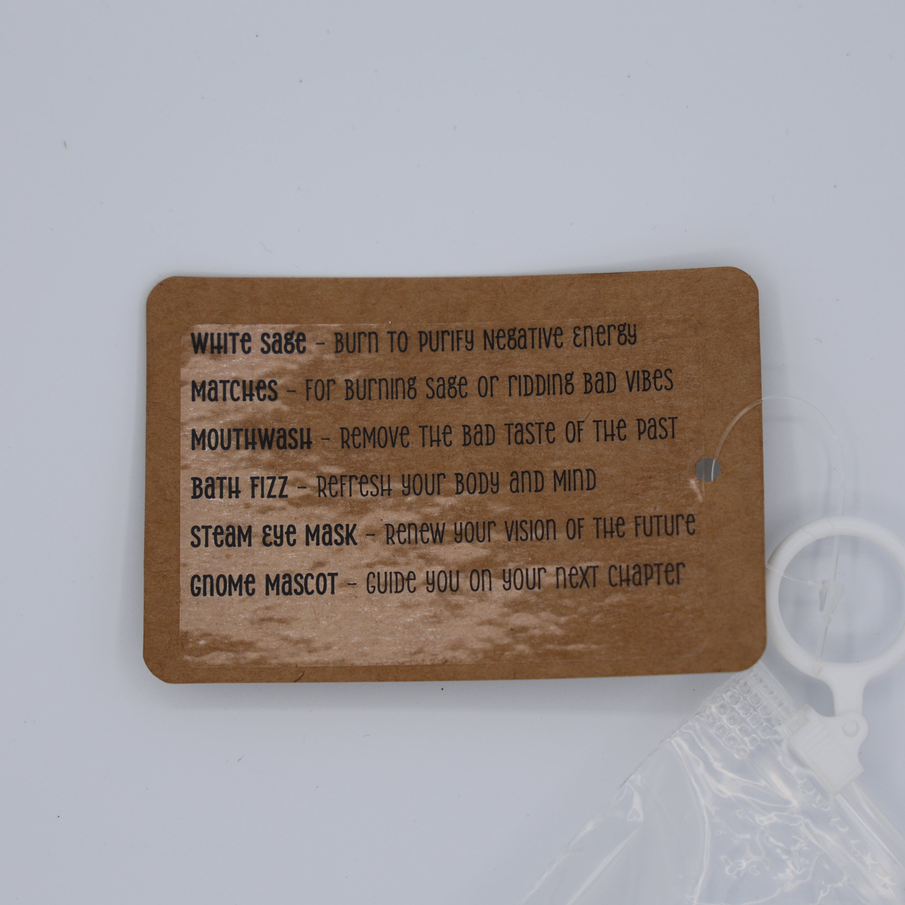 Wooden tag with text on a white background